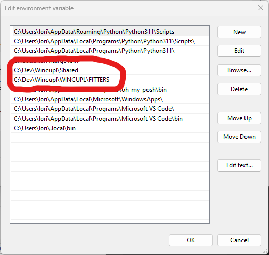 Windows Dialog for editing environment variables showing the two Wincupl directories