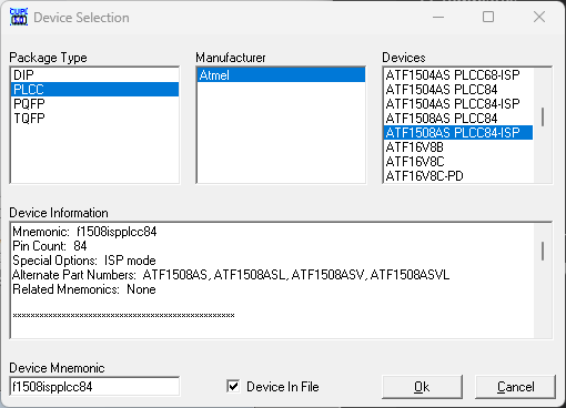 Device Selection window in WinCupl